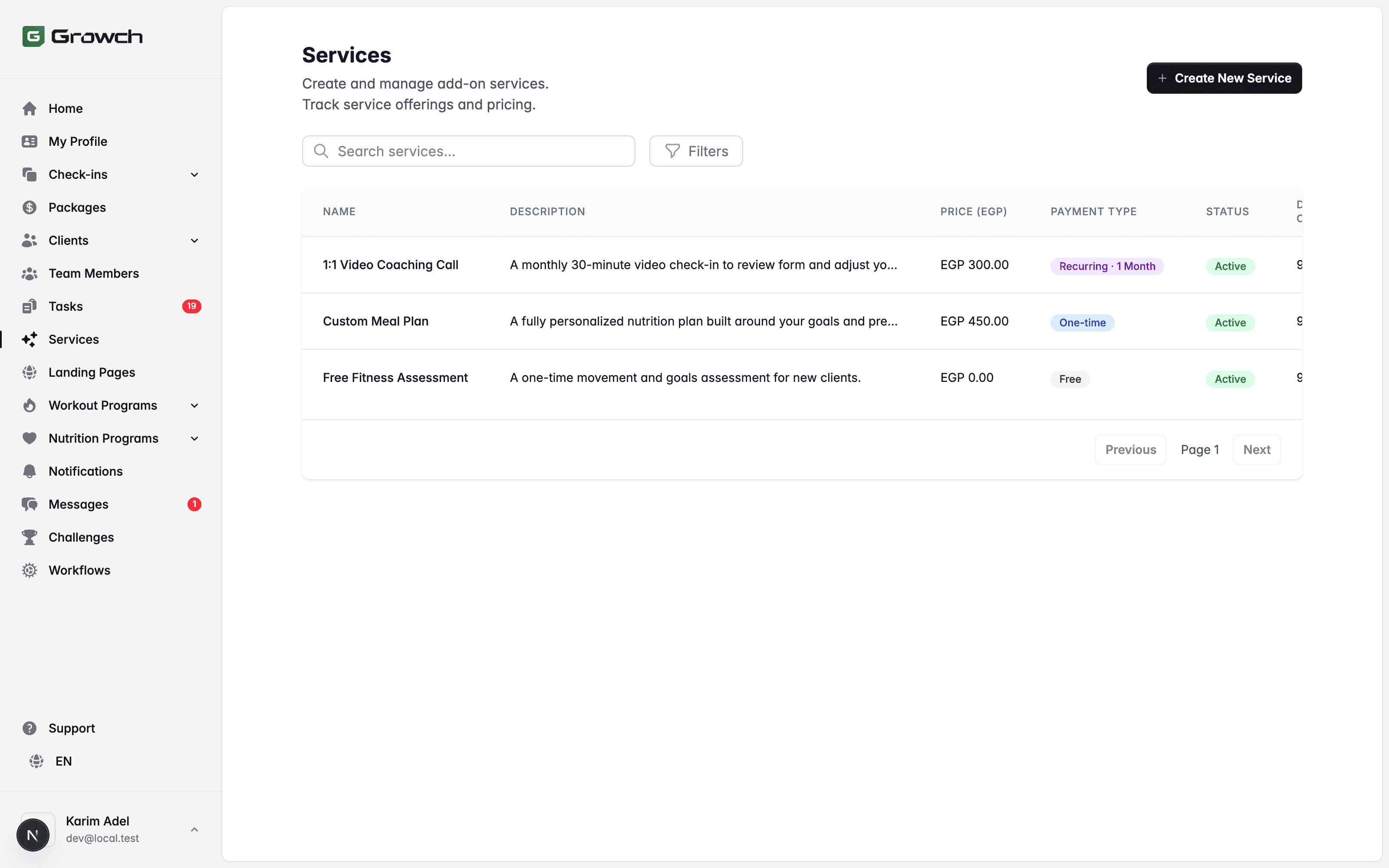 Growch services list showing one-time, recurring, and free add-on services with flexible pricing